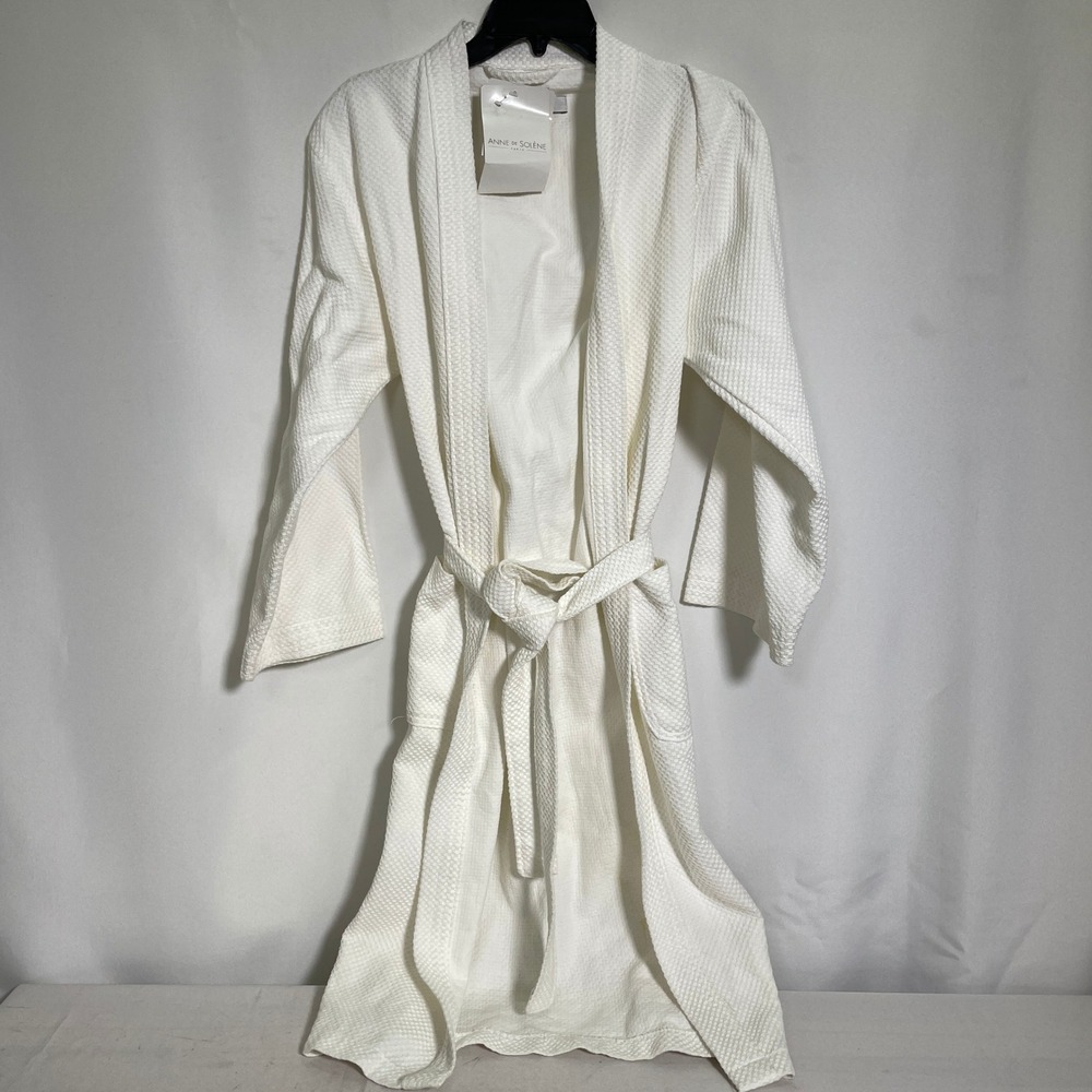 Anne de Solène Paris White Waffle Weave Belted Spa Robe Women's SMALL NWT